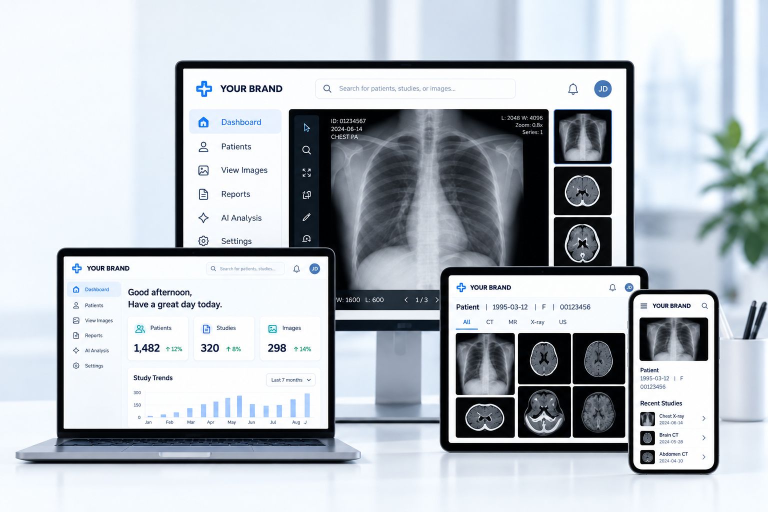 YOUR BRAND service shown on a monitor, laptop, tablet and phone (screen for reference only).